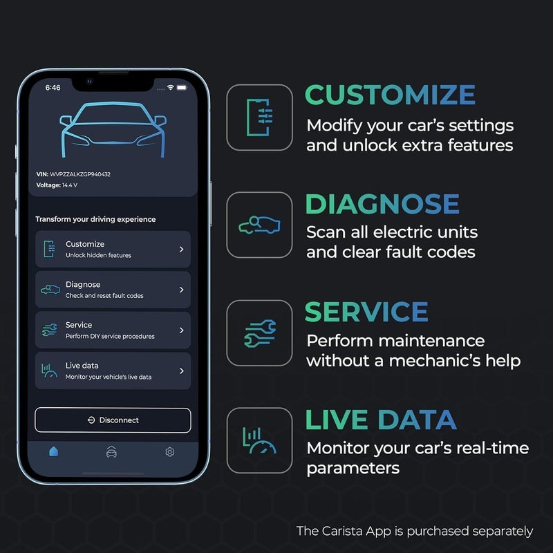 Carista EVO - ماسح OBD2 بلوتوث - أداة تشخيص السيارة وقارئ الأكواد مع الوصول إلى التشخيصات، التخصيصات، أدوات الخدمة والبيانات الحية (اشتراك مطلوب) - Image 2